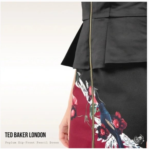 Ted Baker Black Red Jaunel Satin Bejewelled Shadow Peplum Dress size 1 nwot - Picture 7 of 9